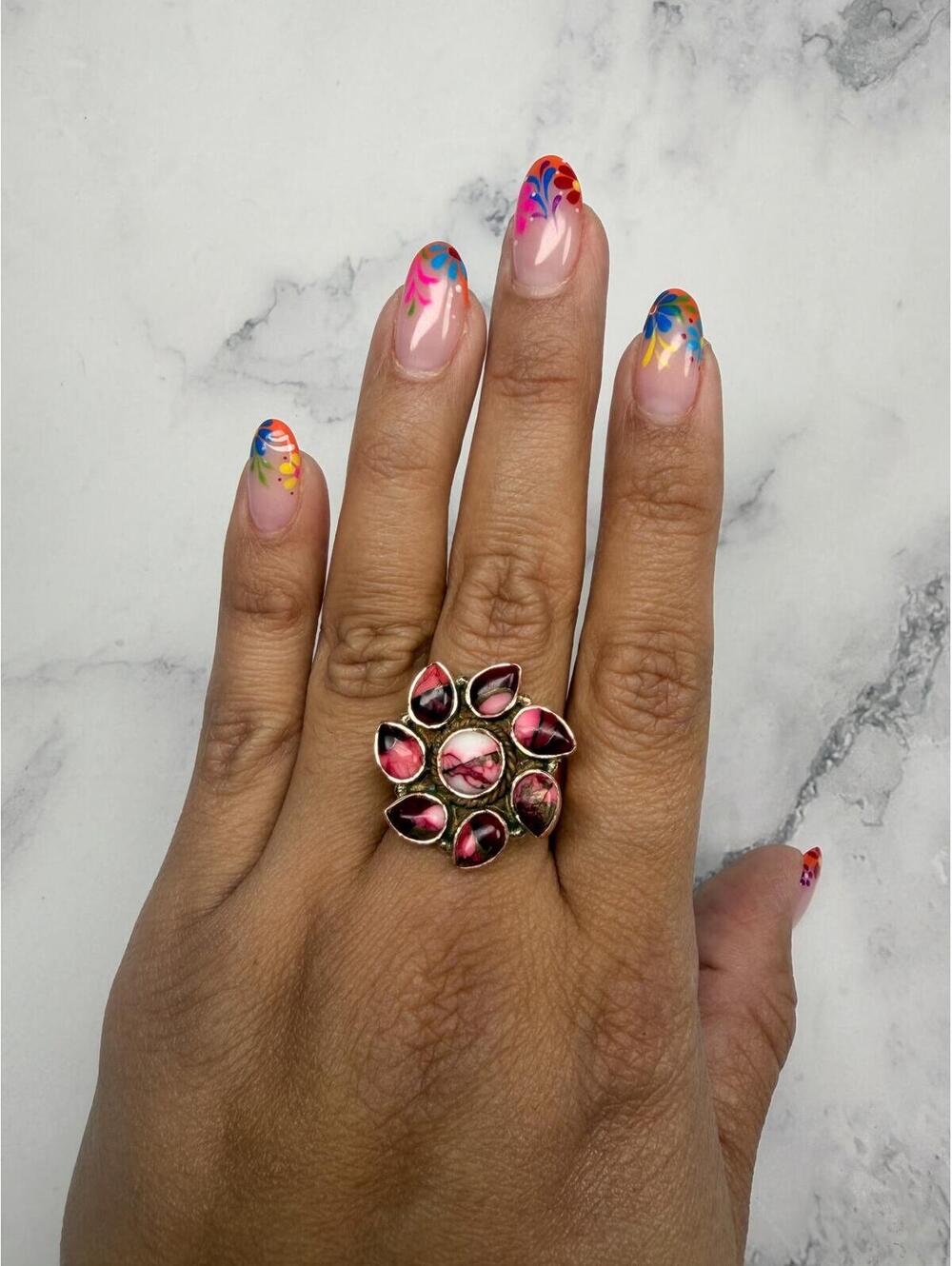 Copper Rose Dahlia Ring Floral Adjustable Southwest Style Statement Ring